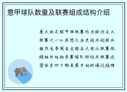 意甲球队数量及联赛组成结构介绍